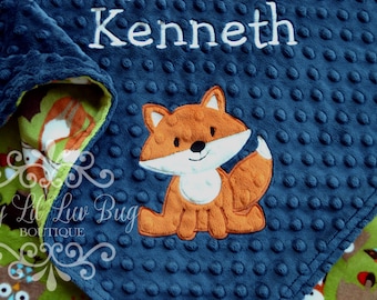 Fox baby blanket with name personalized - navy woodland wildlife animal stroller blanket custom monogrammed - made to order