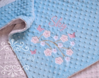 Cherry blossom flower baby blanket - butterfly personalized minky blanket with name - baby blanket flower - monogrammed embroidered