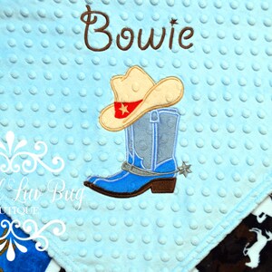 Personalized country western boy boots and hat baby blanket minky cowboy rodeo horse farm embroidered stroller custom monogrammed image 2