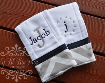 Personalized Burp cloth set boy - prefold diaper chevron minky - baby shower gift - burp cloth monogrammed custom embroidered - set of 2