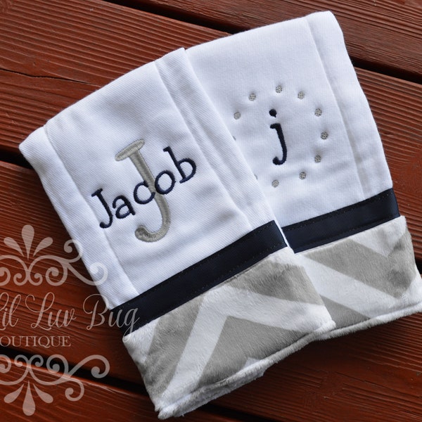 Personalized Burp cloth set boy - prefold diaper chevron minky - baby shower gift - burp cloth monogrammed custom embroidered - set of 2