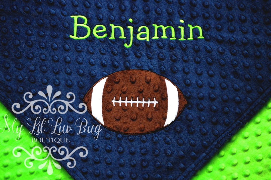 Personalized Football Baby Blanket With Name Navy Blue and Lime Baby Boy Sports Stroller Blanket