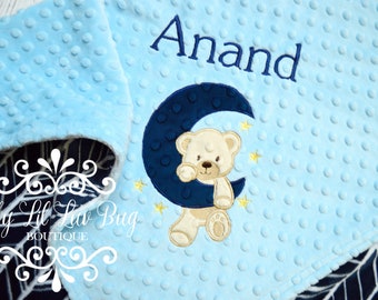 Personalized moon and stars teddy bear baby blanket - herringbone light baby blue and navy blanket plaid arrows stripe goodnight - custom