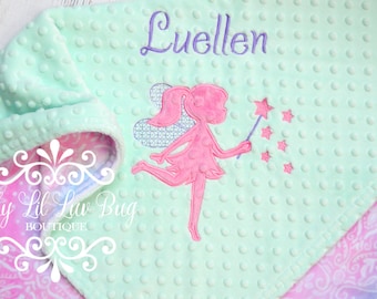 Fairy princess baby blanket personalized - tinker bell pixie magic wand faerie sprite- custom embroidered monogrammed - baby shower gift