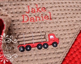 CHOOSE your colors - Logging truck baby blanket personalized buffalo plaid - lumberjack log cabin logger lumber forester minky name