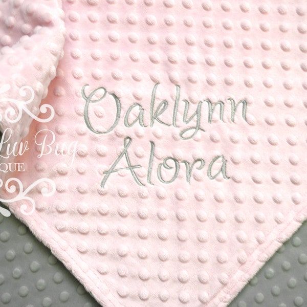 Personalized Baby Blanket CHOOSE YOUR COLORS - baby pink and silver grey minky dimple - baby stroller blanket monogrammed embroidered