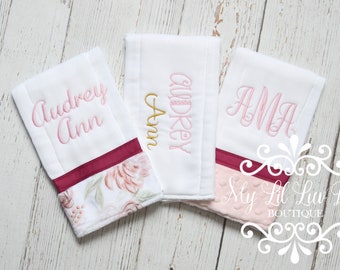 Floral mixed personalized Burp cloth set of 3 - pink and rose whimsical gold prefold diaper - shower gift monogrammed