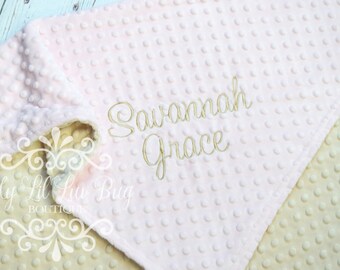 Personalized Baby Blanket CHOOSE YOUR COLORS - baby pink and tan beige minky dimple - baby stroller blanket monogrammed embroidered