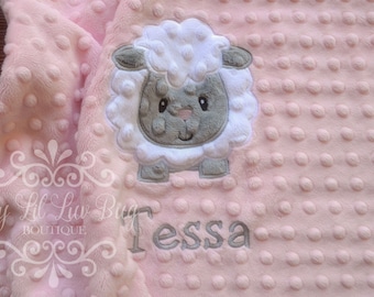 Personalized baby blanket minky lamb - sheep baby blanket pink and gray - small lovey security baptism