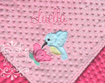 Personalized hummingbird baby blanket with name - baby girl pink minky wild bird flower - floral baby shower - embroidered monogrammed