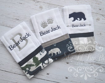 Personalized wild bear and arrow burp cloth set of 3 gray and navy - prefold diaper hunting adventure wildlife - monogrammed embroidered