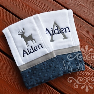 Personalized Buck Burp cloth set of two - diaper with name - Deer navy and grey - hunting burp cloth - monogrammed custom embroidered shower