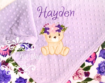 Personalized flower bear baby girl blanket - floral shabby chic teddy bear tribal adventure blanket - boho woodland bear blanket - custom