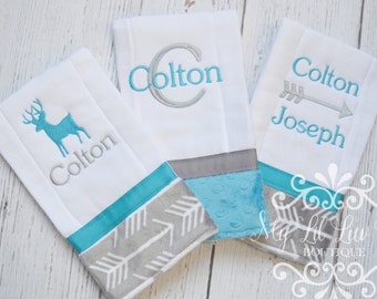 Personalized buck deer and arrow burp cloth set of 3 blue and gray - prefold diaper hunting adventure wildlife - monogrammed embroidered