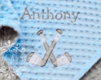 Personalized baby blanket minky - baby boy Hockey sticks blue and gray with name ice team - custom embroidered monogrammed - stroller