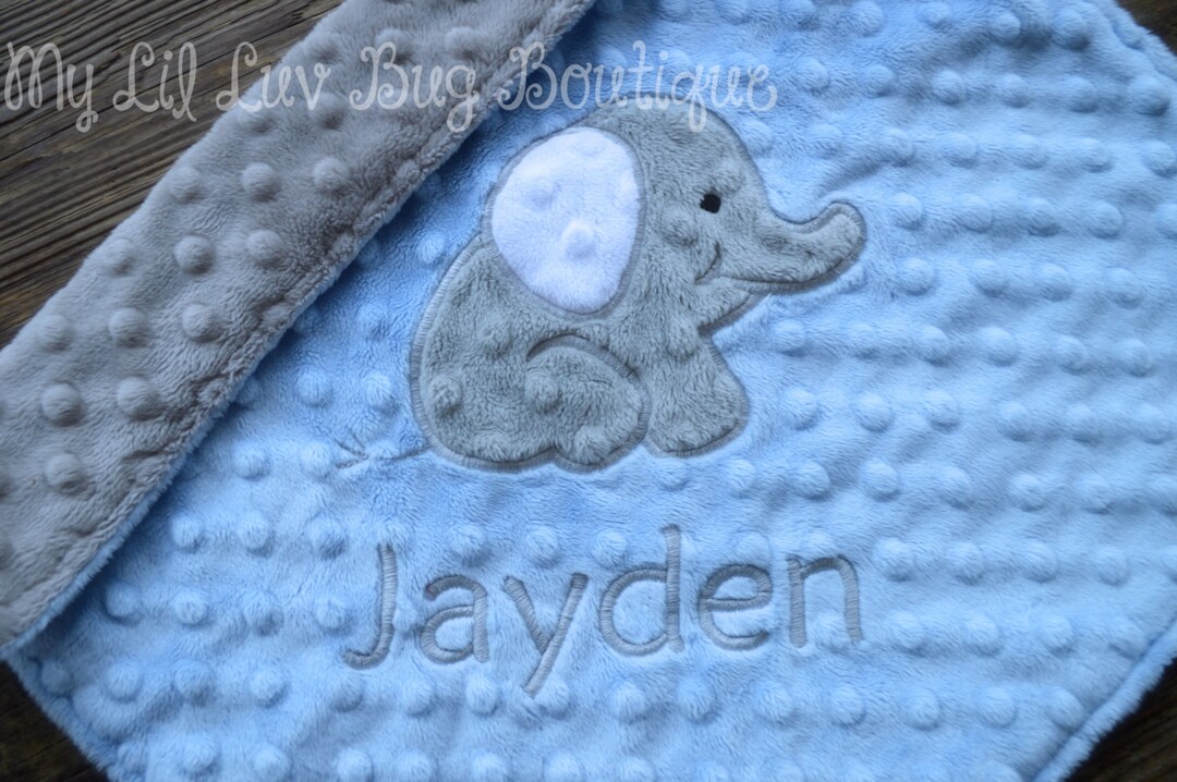 Personalized Minky Baby Blanket Baby Blue and Grey Elephant Etsy