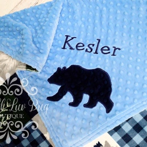 Personalized baby girl blanket trees and bear buffalo plaid name cabin quilt outdoors forest wilderness adventure lumberjack image 6