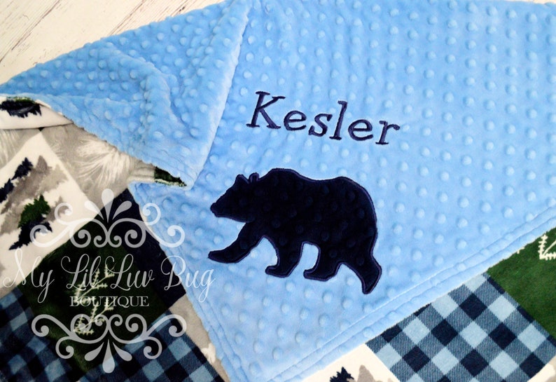 Personalized baby girl blanket trees and bear buffalo plaid name cabin quilt outdoors forest wilderness adventure lumberjack image 6