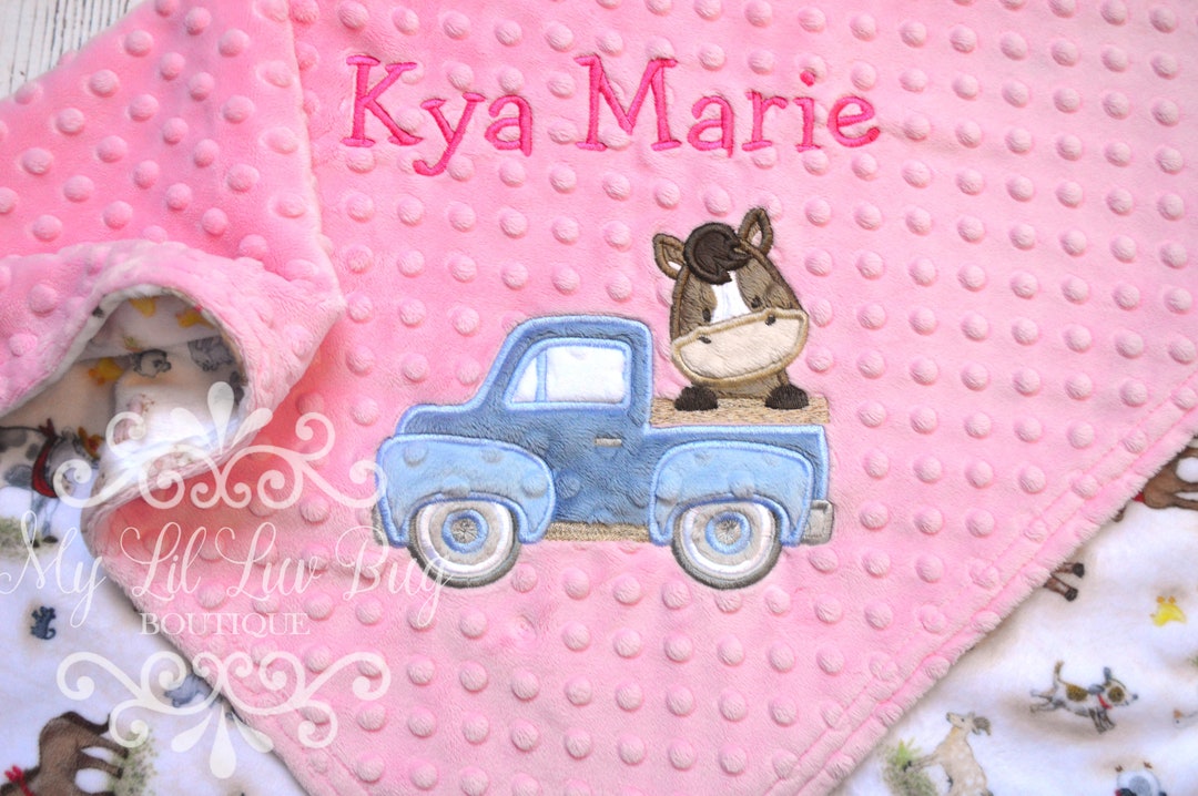 Vintage Truck With Horse Baby Blanket Minky Personalized With Name Farm
