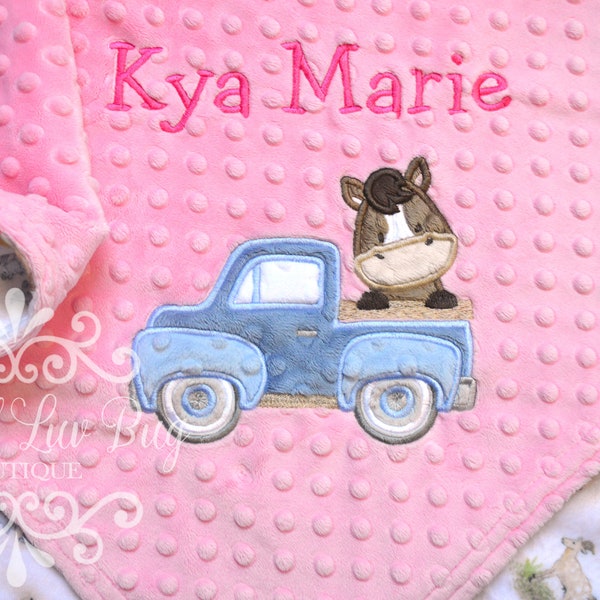 Vintage truck with horse baby blanket - minky personalized with name - farm animal barnyard baby custom embroidered - 30x35 stroller blanket