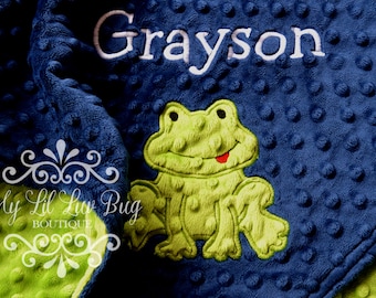 Personalized baby blanket minky - frog baby blanket - Navy blue and jade green froggy- stroller blanket with name