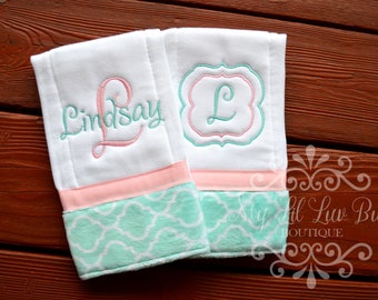 Personalized Girl Burp cloth set lattice mint - prefold diaper burp cloths - monogrammed burp cloths - set of two - burp cloths embroidered