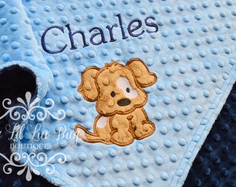 Personalized baby blanket - puppy dog eye patch spots light blue and navy - custom name stroller