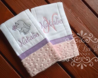 Personalized burp cloth set of two - bunny prefold diaper burp cloths - custom baby girl gift - flower burp cloth - burp cloth embroidered