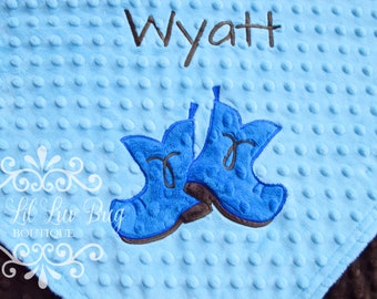 Personalized country western boy boots baby blanket minky - cowboy rodeo horse farm embroidered stroller blanket - custom monogrammed