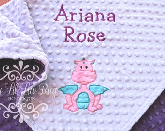 Personalized baby blanket with name lavender purple - baby girl dragon minky blanket teal and coral- custom minky embroidered - shower gift