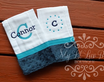 Personalized Burp cloths navy and turquoise - set of two prefold diaper - baby shower gift monogrammed custom embroidered