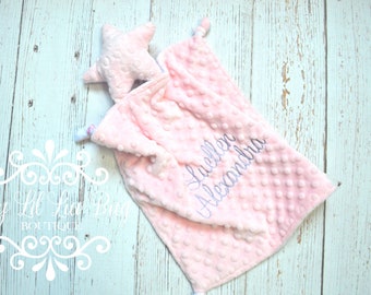 Small Star lovey blanket personalized - comfort stuffed fairy tale security corner knots - custom monogrammed embroidery - shower gift