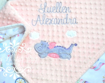 Personalized baby girl dragon flying blanket - name pink and purple fairy tale castle clouds - custom embroidered shower gift