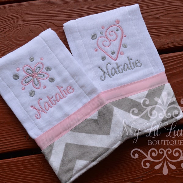 Burp cloth set prefold diaper- baby pink with grey and white chevron print- set of two