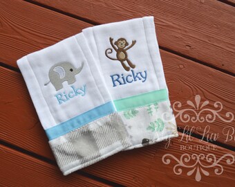 Personalized safari baby burp cloth set - baby boy elephant and monkey jungle - set of 2 prefold monogrammed custom embroidered