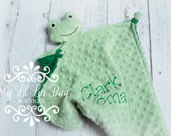 Small froggy stuffy lovey blanket personalized minky - sage kelly green frog comfort stuffed woodland security corner knots - monogrammed