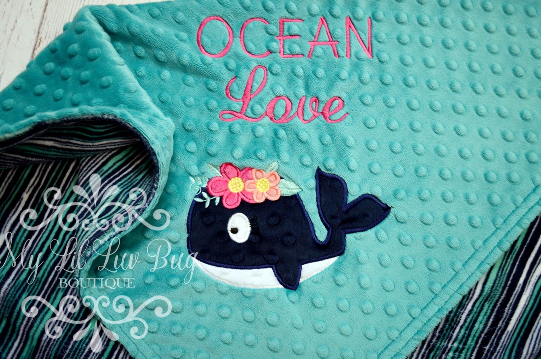 Minky Flower Whale Baby Blanket Personalized Name Stroller Blanket