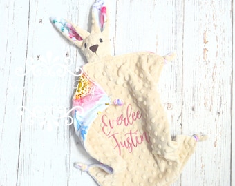 Small bunny lovey blanket personalized - comfort stuffed bunny rabbit security corner knots - custom monogrammed embroidery - shower gift