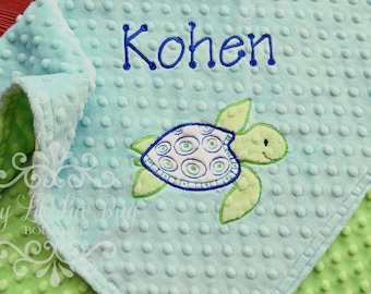 Personalized sea turtle stroller blanket - baby boy blanket personalized - baby shower gift - custom embroidered monogrammed - made to order