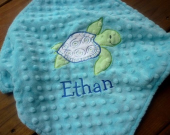 Personalized baby blanket minky- sea turtle saltwater blue, royal and light lime green lovey blanket