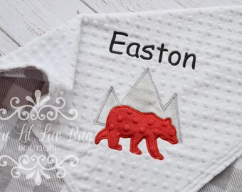 Personalized baby blanket mountian bear with name - outdoor adventure mountain buffalo plaid gray - custom embroidered stroller