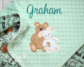 Teddy bear bunny rabbit baby blanket minky- green gender neutral personalized gift set - baby shower gift embroidered