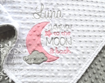 Baby blankets personalized - I love you to the moon and back blanket coral and gray - moon and stars - baby shower gift custom