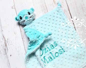 Choose your colors - Small aqua baby otter lovey blanket personalized - comfort stuffed sea river security corner knots - custom monogrammed