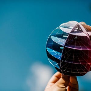 May include: A colorful, geometric globe made of paper, with a black grid pattern and a gradient of blue, purple, and red colors. The globe is held in a hand against a blue background.