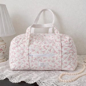 Coquette Bow Quilted Mini Duffel – Handmade Pink Bow Overnight Bag, Girly Travel Bag, Cottagecore Weekend Tote, Feminine Gift, Diaper Bag