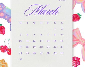 Puede incluir: Un calendario para marzo de 2025 con fondo blanco y detalles en rosa, azul y morado. El calendario presenta una variedad de ilustraciones lindas, que incluyen corazones, lazos, fresas, cerezas, un animal de globo, un dado y un frasco de perfume.