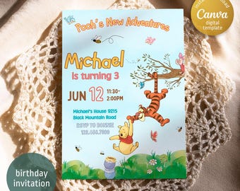 Puede incluir: Una invitación de cumpleaños con temática de Winnie the Pooh para un niño llamado Michael que cumple 3 años. La invitación presenta un fondo azul con una imagen de dibujos animados de Winnie the Pooh y Tigger. El texto de la invitación dice "Pooh's New Adventures", "Michael is turning 3", "Jun 12 11:30-2:00PM", "Michael's House 9215 Black Mountain Road", y "RSVP to Bonnie 123.456.7800".