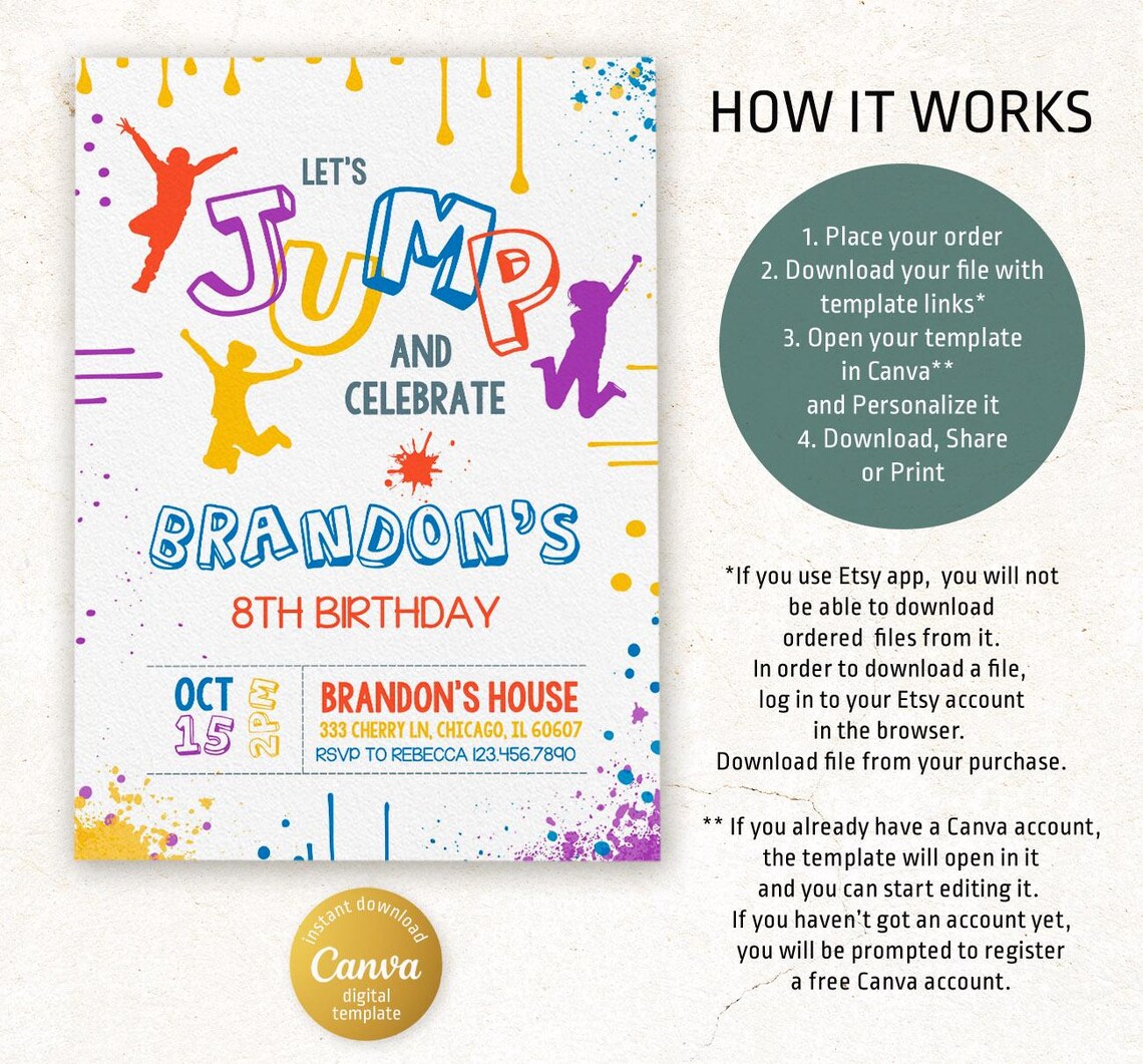 Trampoline Birthday Invitation, Jump Party, Editable Template (digital ...