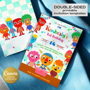 Könnte beinhalten: Zwei farbenfrohe Geburtstagseinladungsvorlagen. Eine zeigt Cartoon-Figuren und den Text "Let's sing and dance for Kimberly's 3rd Birthday." Die andere hat ein passendes Design mit Cartoon-Figuren. Die Einladungen sind doppelseitig und eine digitale Canva-Vorlage.